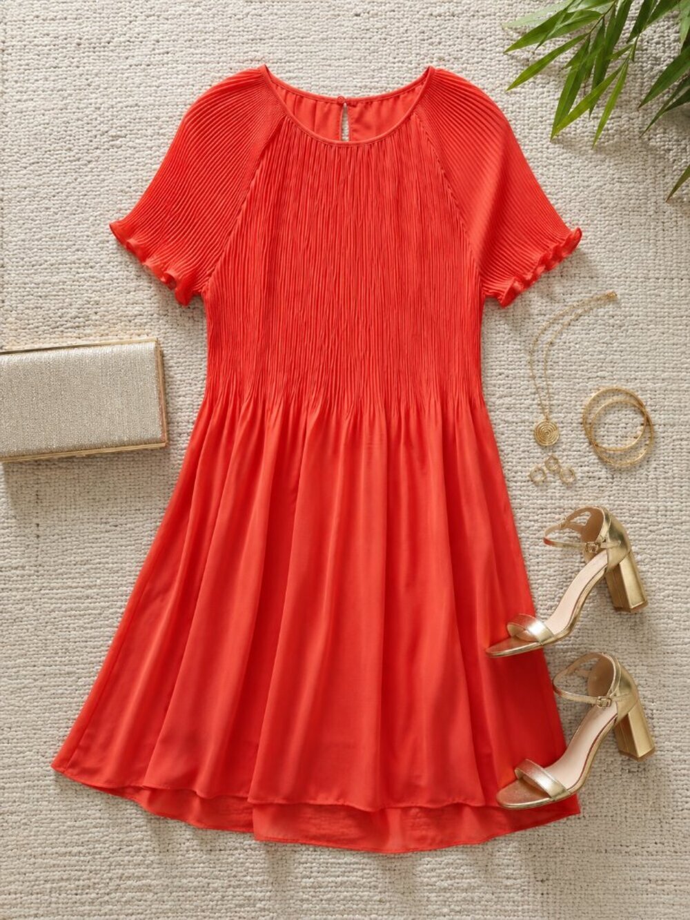 Premise Pleated Orange Short Sleeve Lined Dress Size S NWT Party Office Date